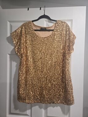 Gold Sequin Short Sleeve Blouse XL